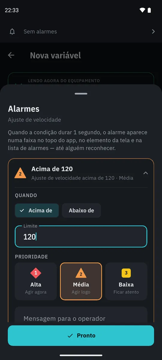 Criar alarme: acima de 120, prioridade média (triângulo 2) escolhida entre alta, média e baixa, e campo de mensagem.