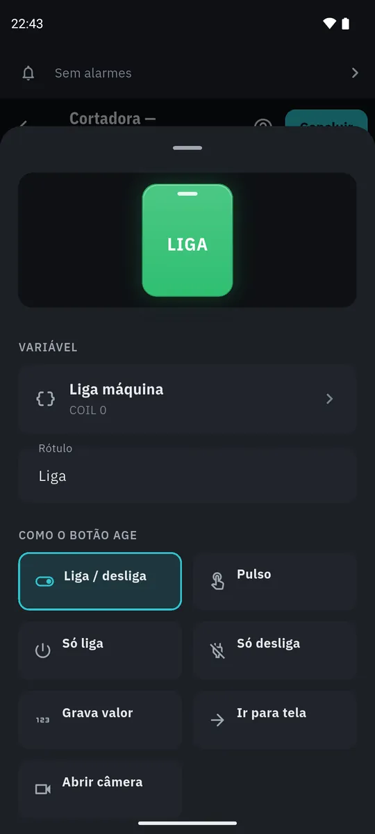 Configuração do botão: prévia, variável Liga máquina, rótulo e os sete modos de agir, de Liga/desliga a Abrir câmera.
