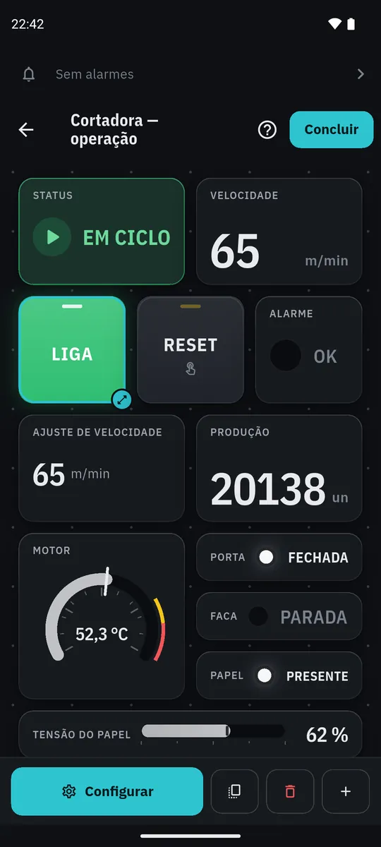 Editor com grade pontilhada: o botão Liga está selecionado, com a bolinha de redimensionar no canto.