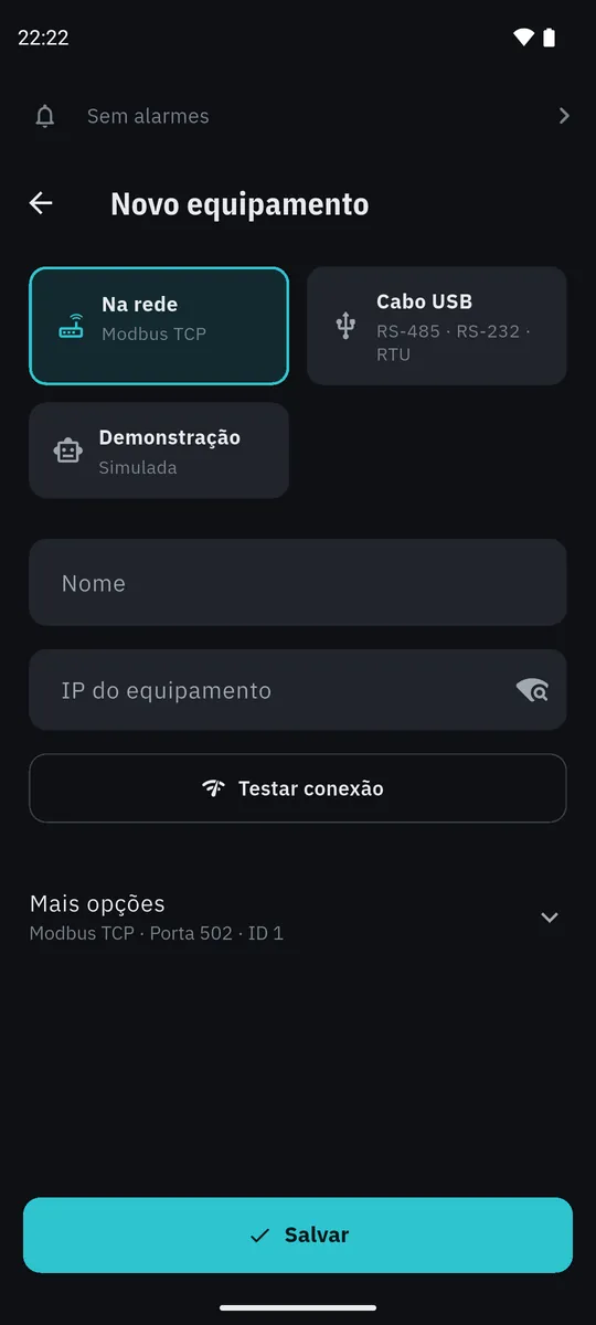 Novo equipamento: escolha entre Na rede (Modbus TCP), Cabo USB e Demonstração, campos Nome e IP do equipamento com a lupa de procurar na rede, e o botão Testar conexão.