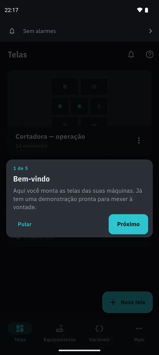 Tutorial de primeiros passos: Bem-vindo, aqui você monta as telas das suas máquinas.