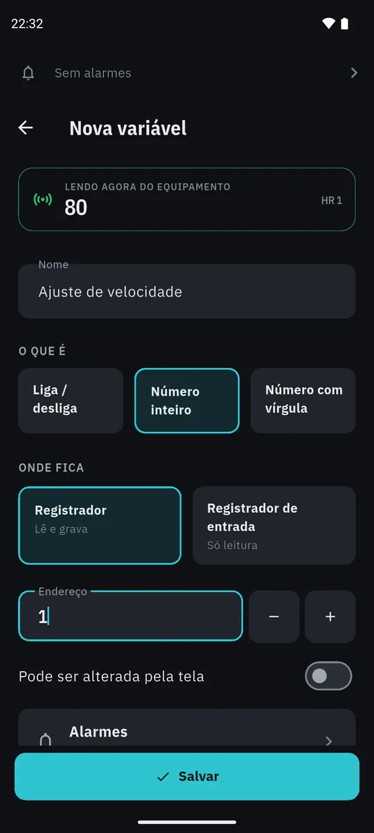 Nova variável Ajuste de velocidade: o painel Lendo agora do equipamento mostra 80 no endereço 1.
