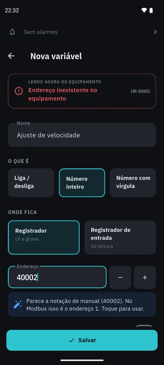 Endereço 40002 digitado: o app avisa que é a notação de manual e oferece o endereço 1.